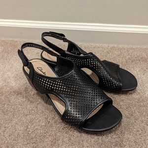 Clarks Black Perforated Block Heel Sandals Size 10